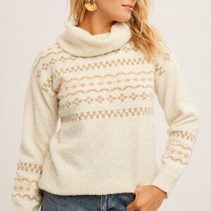 BOUTIQUE HEM & THREAD Fair Isle Turtleneck Sweater Ivory Beige Knit Pullover
